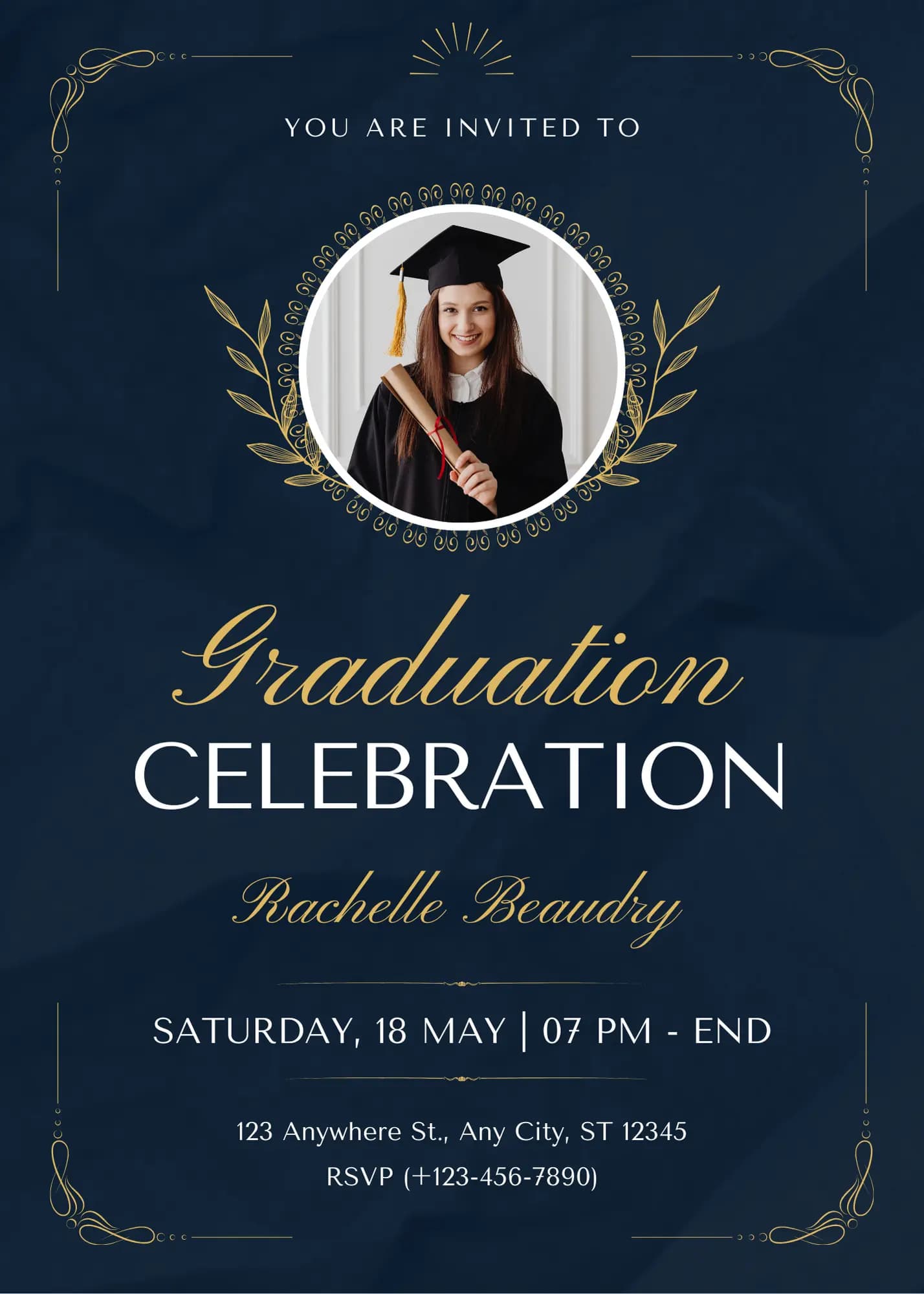 Blue & Gold Vintage Elegant Graduation digital invitation template