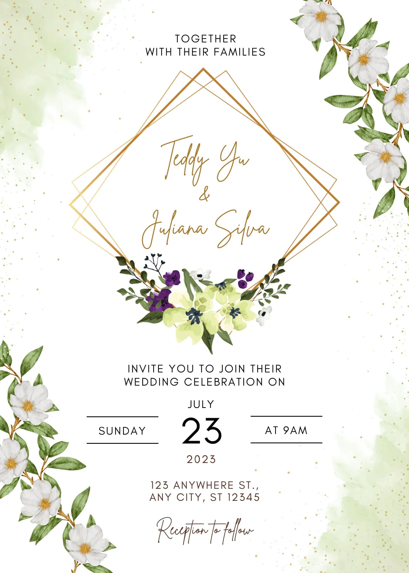 White Green Floral Watercolor digital invitation template